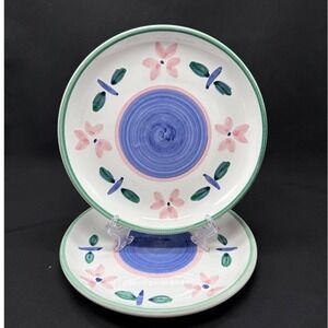 Caleca Italy Hand Painted Ceramic Salad Plates Blue Swirl Floral Set of 2 8.25in